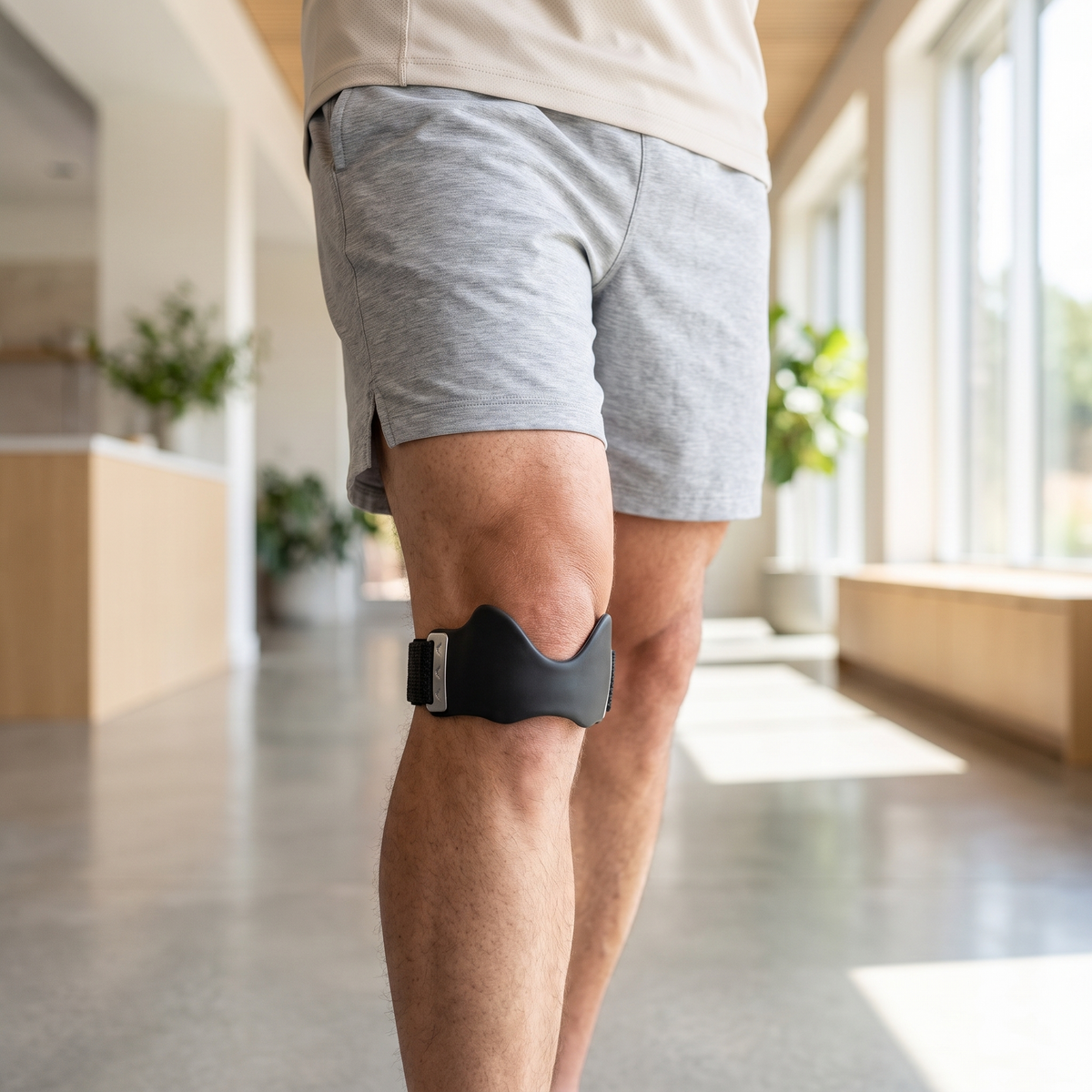 Person wearing the Clarity knee strap just below the kneecap in bright daylight